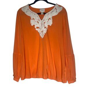 Chicos 2 Orange Blouse Womens L‎ White Embellished Puff Long Sleeves Boho Casual